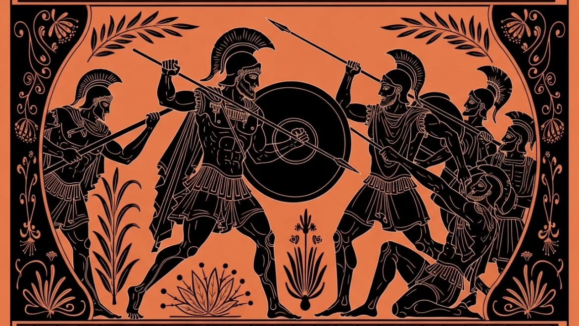 Aias Telamonium in a dynamic battle against the Trojans – illustration inspired by ancient Greek art.