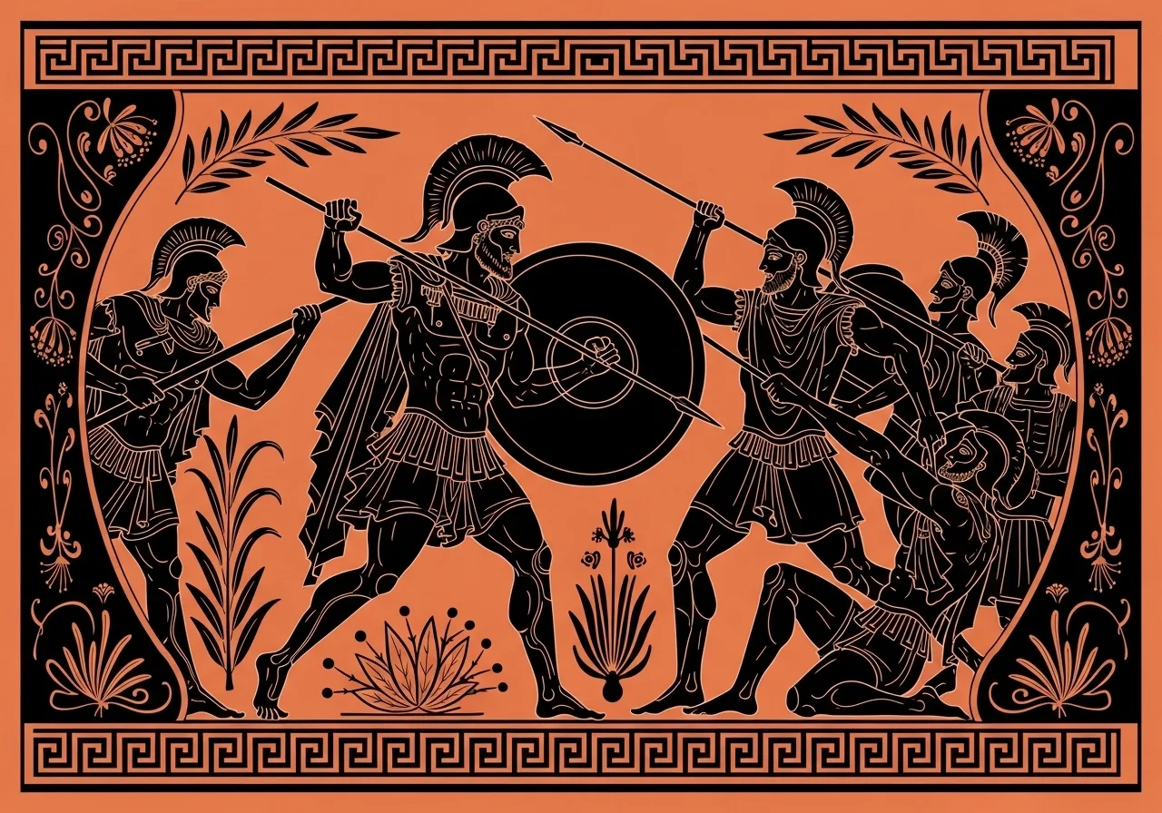 Aias Telamonium in a dynamic battle against the Trojans – illustration inspired by ancient Greek art.