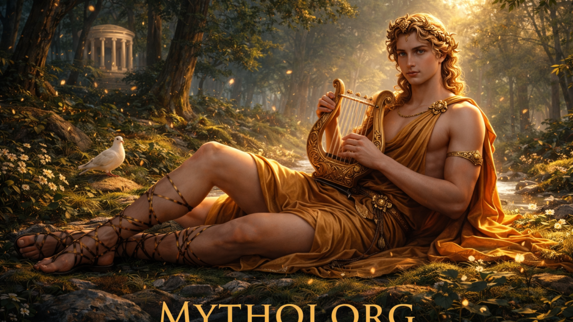 Ο Απόλλων, θεός του φωτός και της μουσικής στην ελληνική μυθολογία, με λύρα σε φωτεινό δασικό τοπίο.