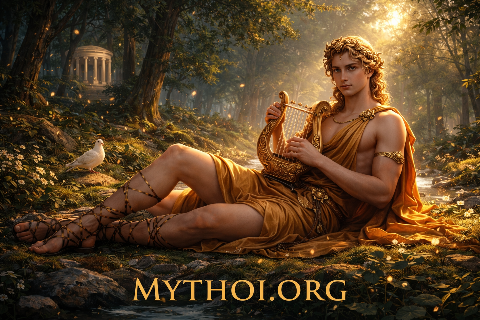 Ο Απόλλων, θεός του φωτός και της μουσικής στην ελληνική μυθολογία, με λύρα σε φωτεινό δασικό τοπίο.