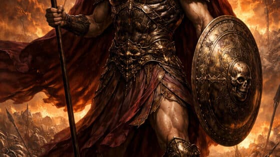 Άρης, θεός του πολέμου στην ελληνική μυθολογία, με χάλκινη πανοπλία και κράνος με κόκκινη φτερωτή κορδέλα, κρατώντας δόρυ και ασπίδα σε φλεγόμενη μάχη