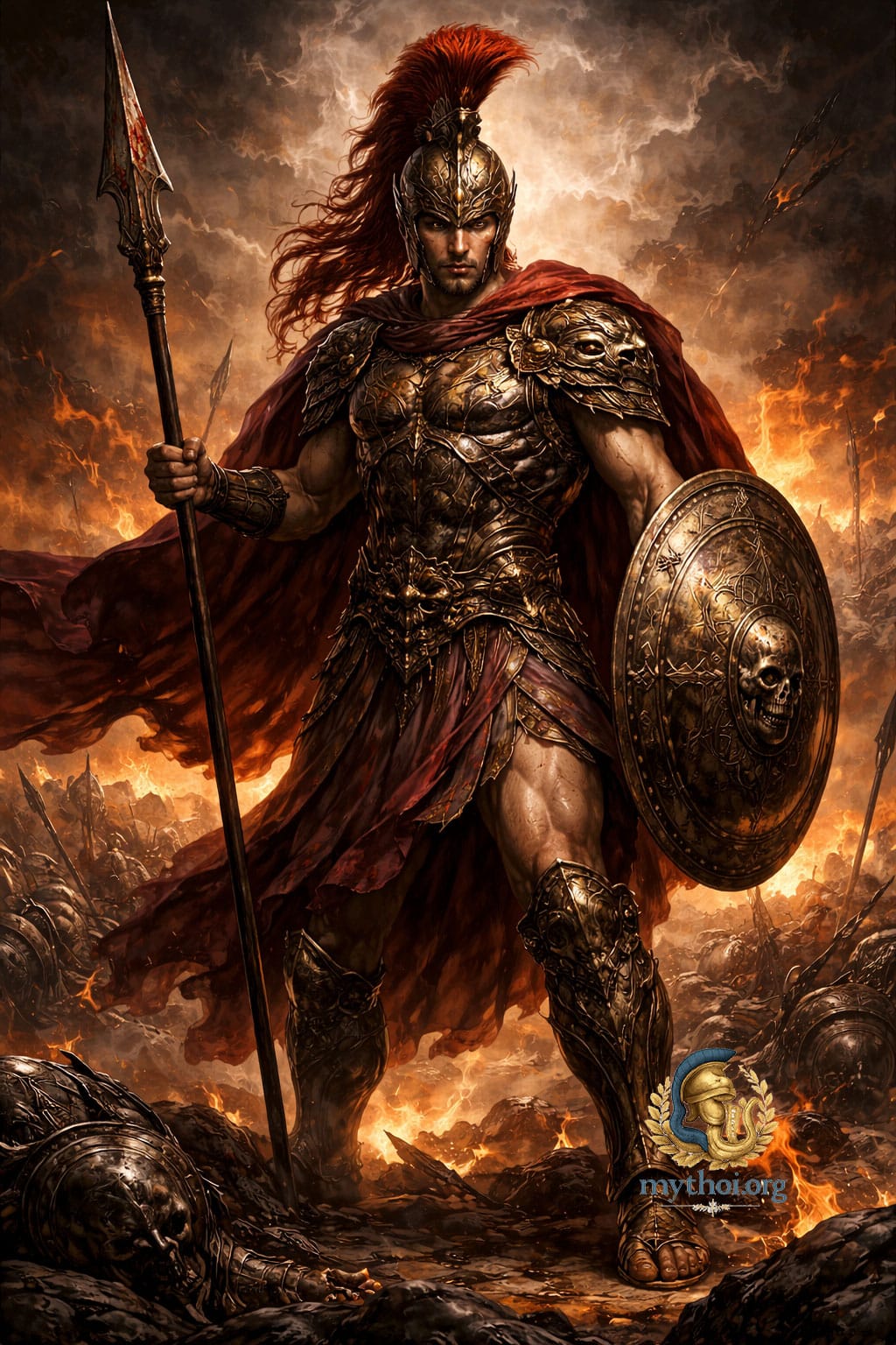Άρης, θεός του πολέμου στην ελληνική μυθολογία, με χάλκινη πανοπλία και κράνος με κόκκινη φτερωτή κορδέλα, κρατώντας δόρυ και ασπίδα σε φλεγόμενη μάχη