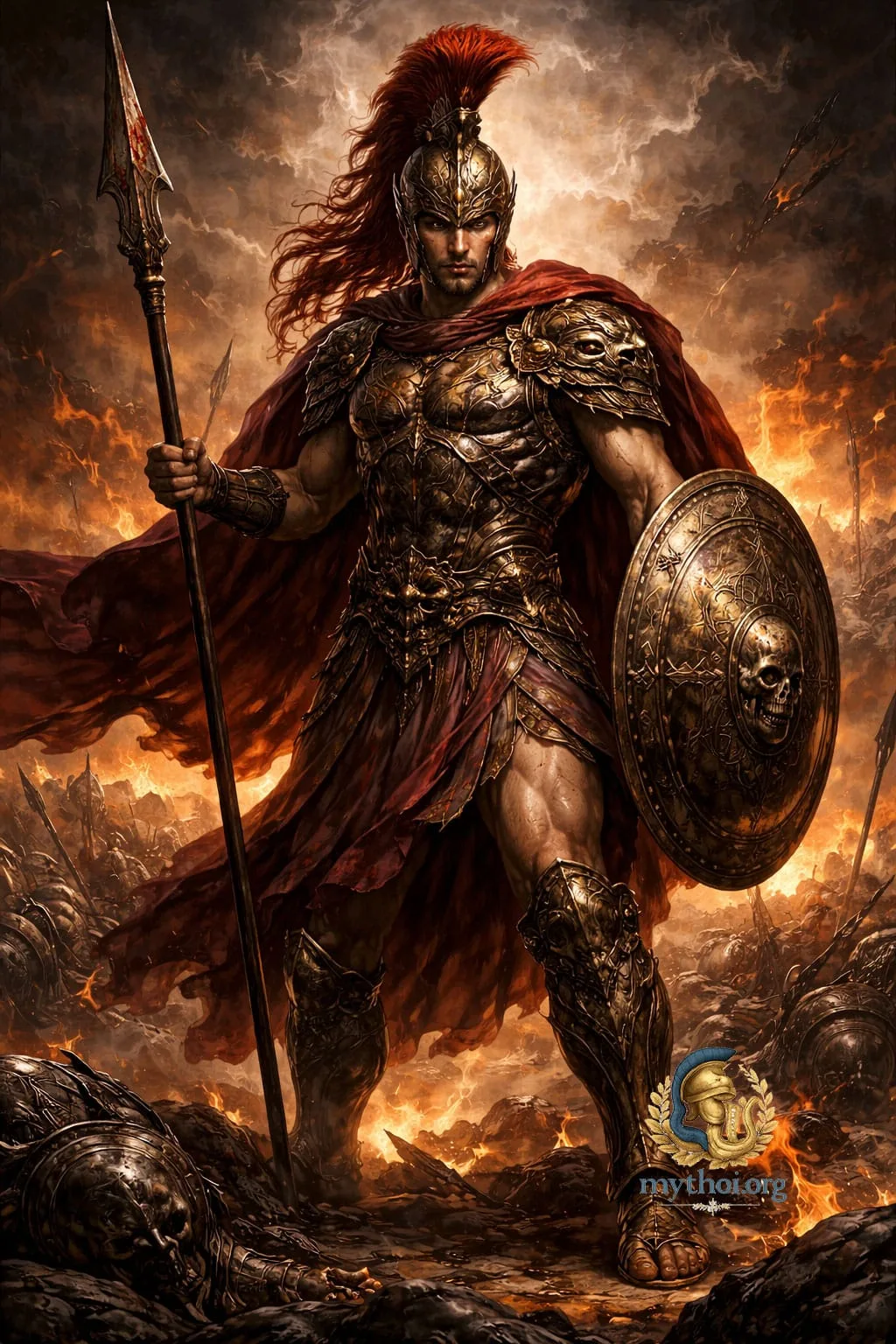 Άρης, θεός του πολέμου στην ελληνική μυθολογία, με χάλκινη πανοπλία και κράνος με κόκκινη φτερωτή κορδέλα, κρατώντας δόρυ και ασπίδα σε φλεγόμενη μάχη