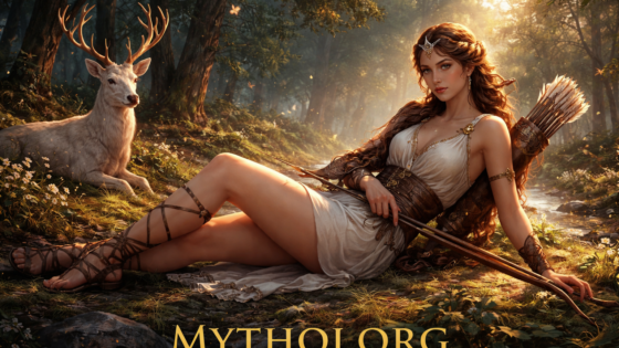 Η Άρτεμις, θεά του κυνηγιού στην ελληνική μυθολογία, ξαπλωμένη σε μαγικό δάσος με τόξο και ελάφι, σε καλλιτεχνική απεικόνιση.