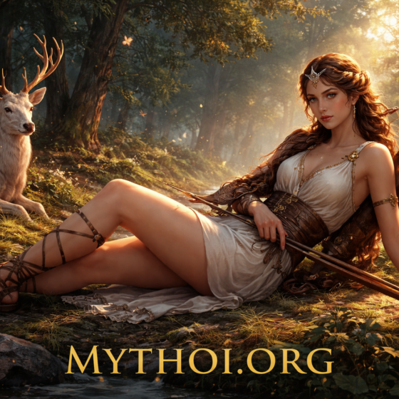 Η Άρτεμις, θεά του κυνηγιού στην ελληνική μυθολογία, ξαπλωμένη σε μαγικό δάσος με τόξο και ελάφι, σε καλλιτεχνική απεικόνιση.