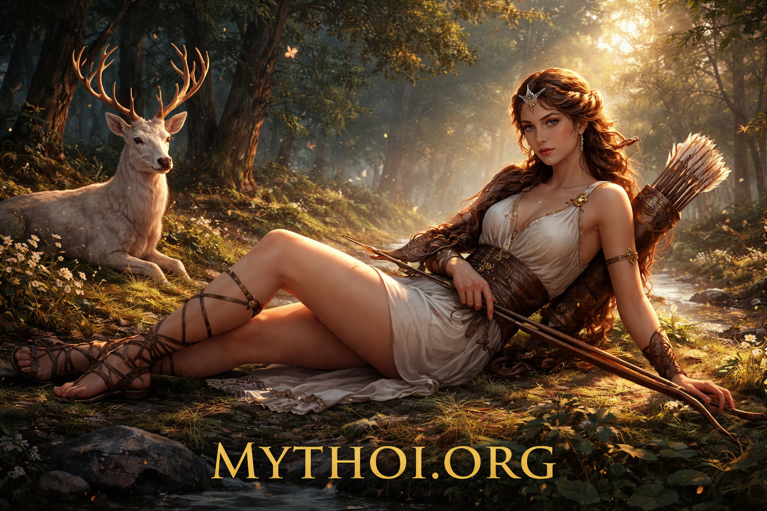Η Άρτεμις, θεά του κυνηγιού στην ελληνική μυθολογία, ξαπλωμένη σε μαγικό δάσος με τόξο και ελάφι, σε καλλιτεχνική απεικόνιση.
