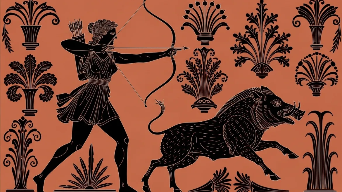 Atalanti participates in the Hunting of Calydonius Capros – an illustration inspired by ancient Greek art.