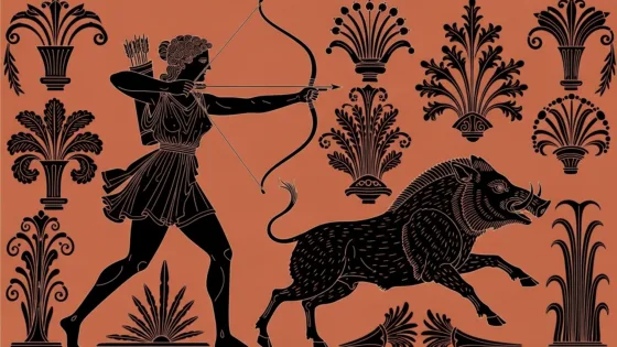 Atalanti participates in the Hunting of Calydonius Capros – an illustration inspired by ancient Greek art.