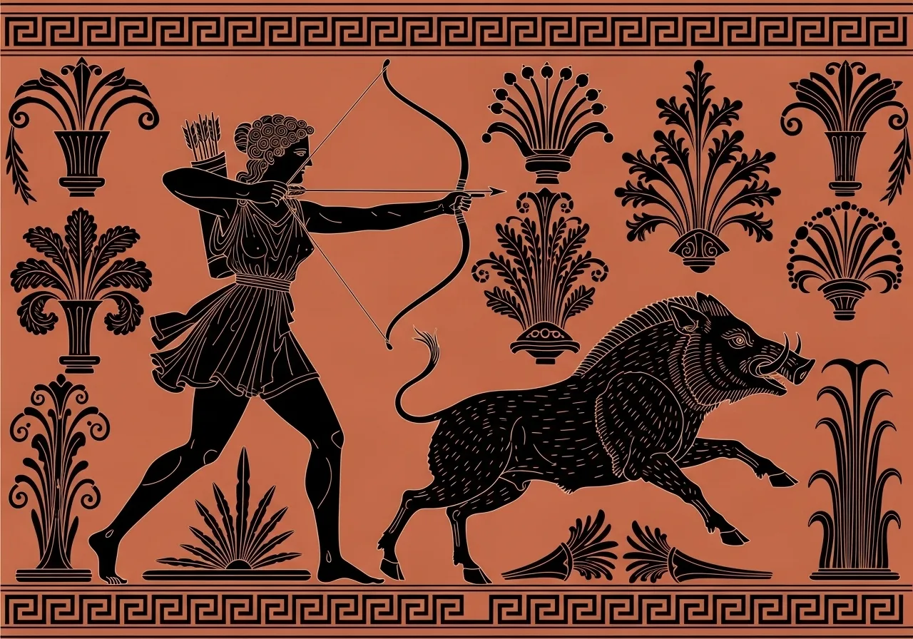 Atalanti participates in the Hunting of Calydonius Capros – an illustration inspired by ancient Greek art.
