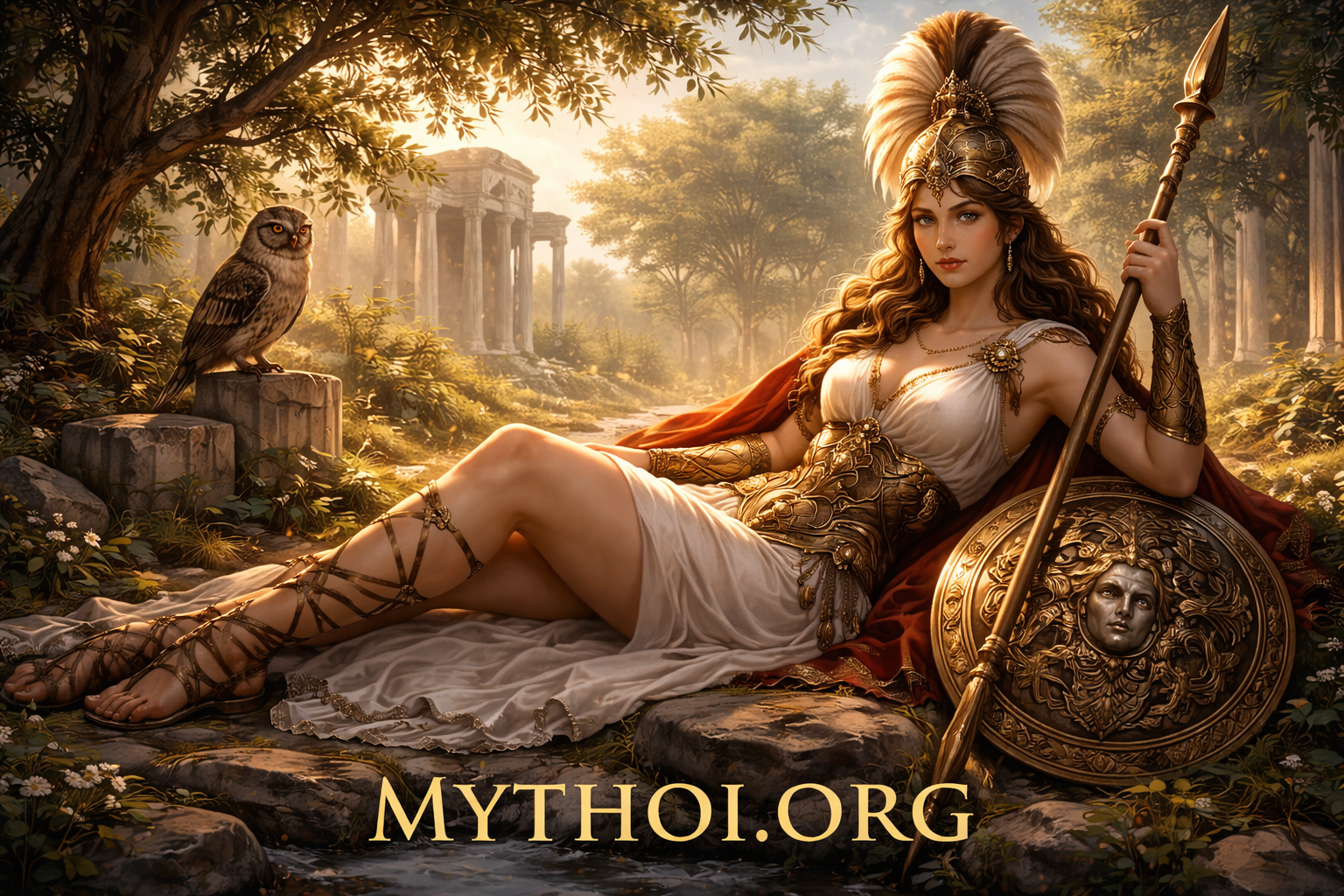 Η Αθηνά, θεά της σοφίας και του πολέμου στην ελληνική μυθολογία, με δόρυ, ασπίδα και κουκουβάγια.