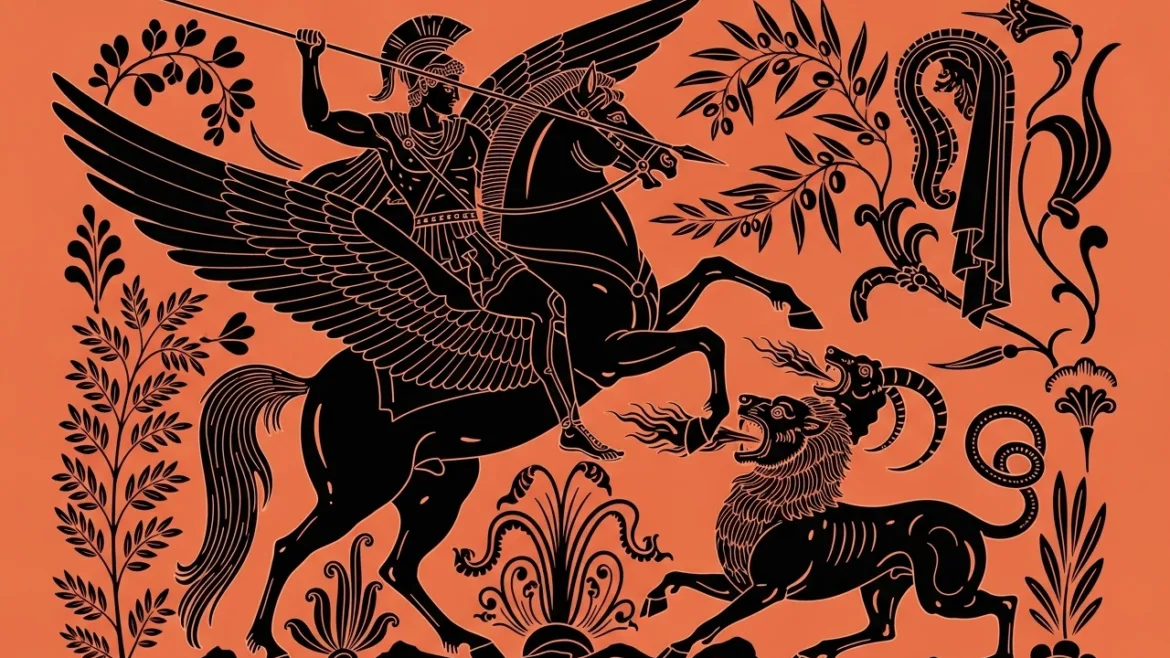 Ο Βελλεροφόντης ιππεύει τον Πήγασο και πολεμά τη Χίμαιρα – εικονογράφηση εμπνευσμένη από την αρχαία ελληνική τέχνη.