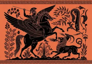 Ο Βελλεροφόντης ιππεύει τον Πήγασο και πολεμά τη Χίμαιρα – εικονογράφηση εμπνευσμένη από την αρχαία ελληνική τέχνη.