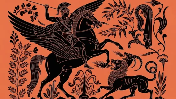 Ο Βελλεροφόντης ιππεύει τον Πήγασο και πολεμά τη Χίμαιρα – εικονογράφηση εμπνευσμένη από την αρχαία ελληνική τέχνη.