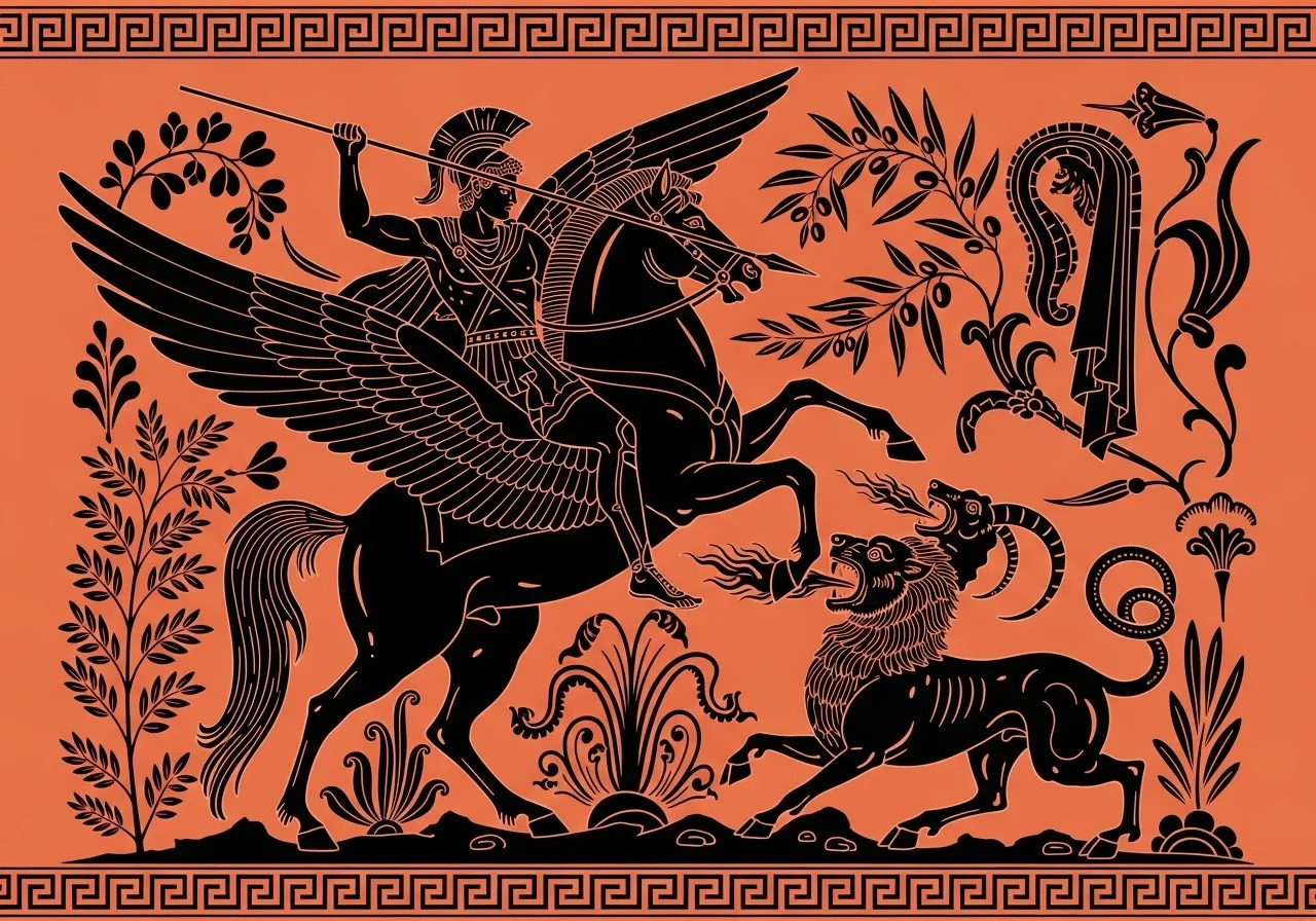 Ο Βελλεροφόντης ιππεύει τον Πήγασο και πολεμά τη Χίμαιρα – εικονογράφηση εμπνευσμένη από την αρχαία ελληνική τέχνη.