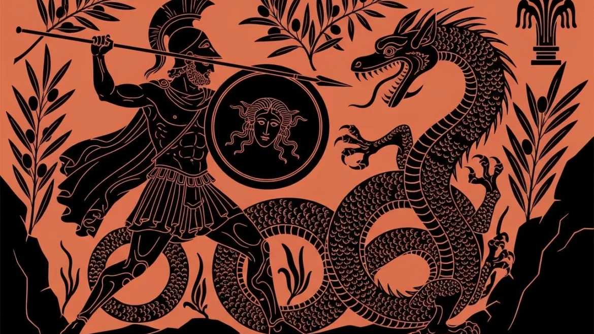 Ο Κάδμος αντιμετωπίζει τον δράκο του Άρη – εικονογράφηση εμπνευσμένη από την αρχαία ελληνική τέχνη.