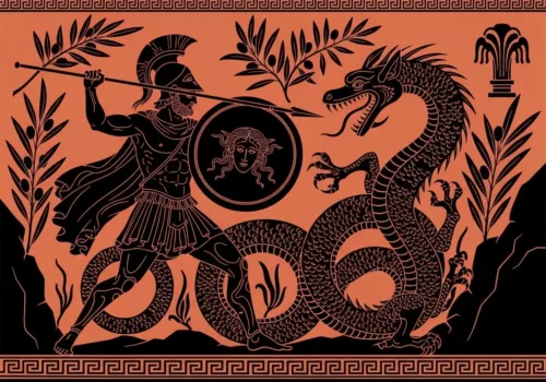 Ο Κάδμος αντιμετωπίζει τον δράκο του Άρη – εικονογράφηση εμπνευσμένη από την αρχαία ελληνική τέχνη.