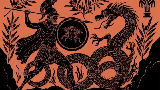 Ο Κάδμος αντιμετωπίζει τον δράκο του Άρη – εικονογράφηση εμπνευσμένη από την αρχαία ελληνική τέχνη.