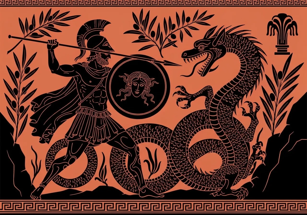 Ο Κάδμος αντιμετωπίζει τον δράκο του Άρη – εικονογράφηση εμπνευσμένη από την αρχαία ελληνική τέχνη.