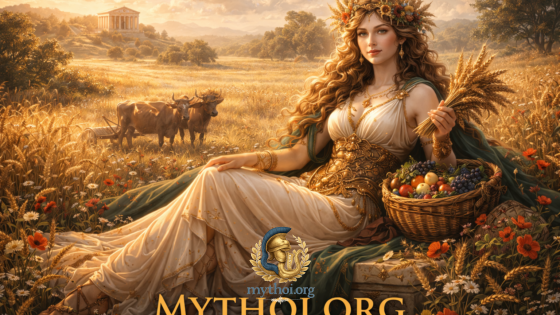 Η Δήμητρα, θεά της γεωργίας στην ελληνική μυθολογία, ανάμεσα σε στάχυα κρατώντας καρπούς της γης.