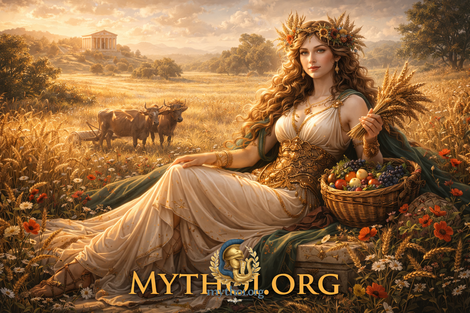 Η Δήμητρα, θεά της γεωργίας στην ελληνική μυθολογία, ανάμεσα σε στάχυα κρατώντας καρπούς της γης.