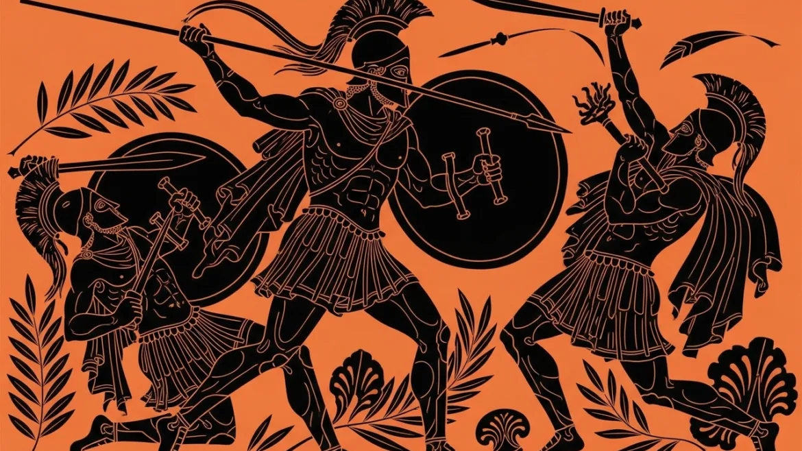 Diomedes, a hero of the Trojan War, in a dynamic battle – illustration inspired by ancient Greek art.