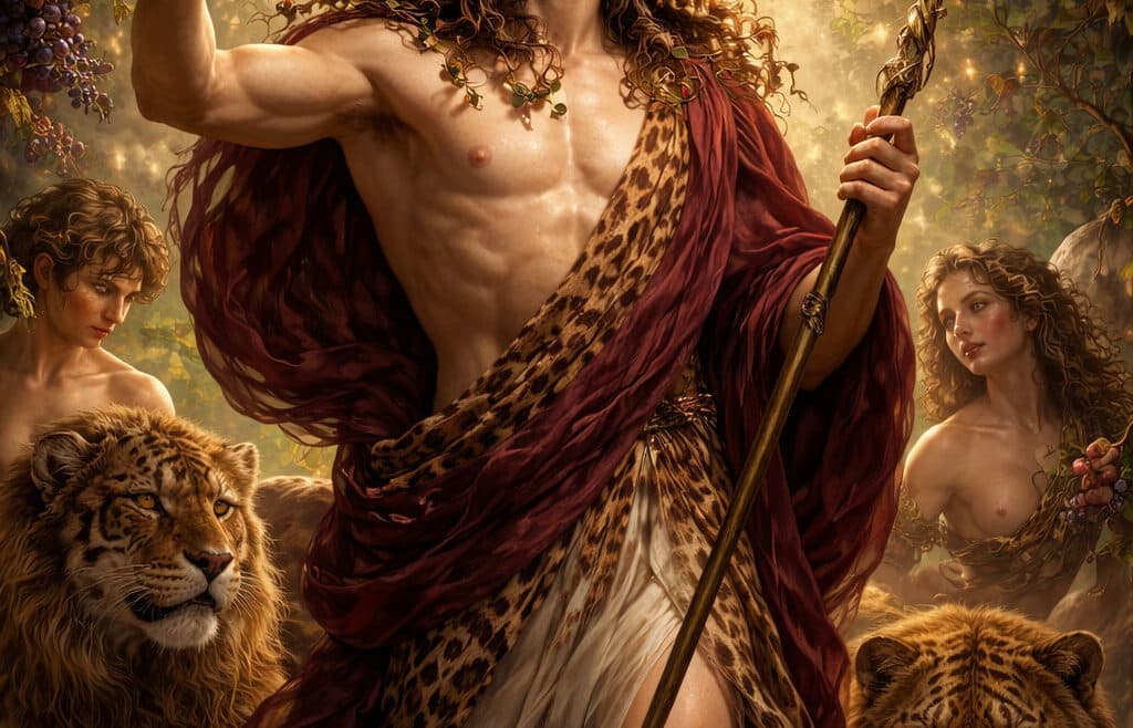Ο Διόνυσος, θεός του κρασιού και της έκστασης στην ελληνική μυθολογία, με θύρσο, κισσό και άγρια ζώα
