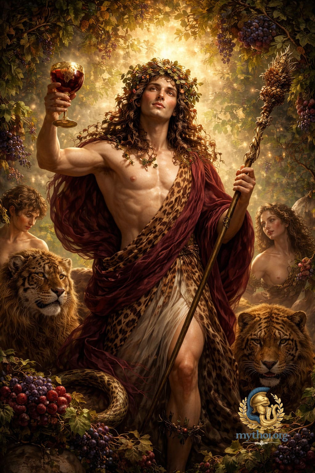 Ο Διόνυσος, θεός του κρασιού και της έκστασης στην ελληνική μυθολογία, με θύρσο, κισσό και άγρια ζώα
