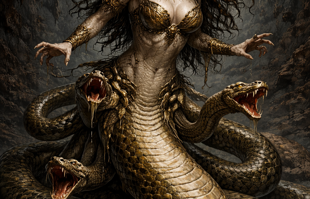Η Έχιδνα της ελληνικής μυθολογίας μισή γυναίκα μισό φίδι μέσα σε σκοτεινή σπηλιά