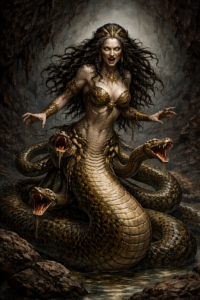 Η Έχιδνα της ελληνικής μυθολογίας μισή γυναίκα μισό φίδι μέσα σε σκοτεινή σπηλιά