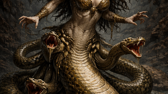 Η Έχιδνα της ελληνικής μυθολογίας μισή γυναίκα μισό φίδι μέσα σε σκοτεινή σπηλιά