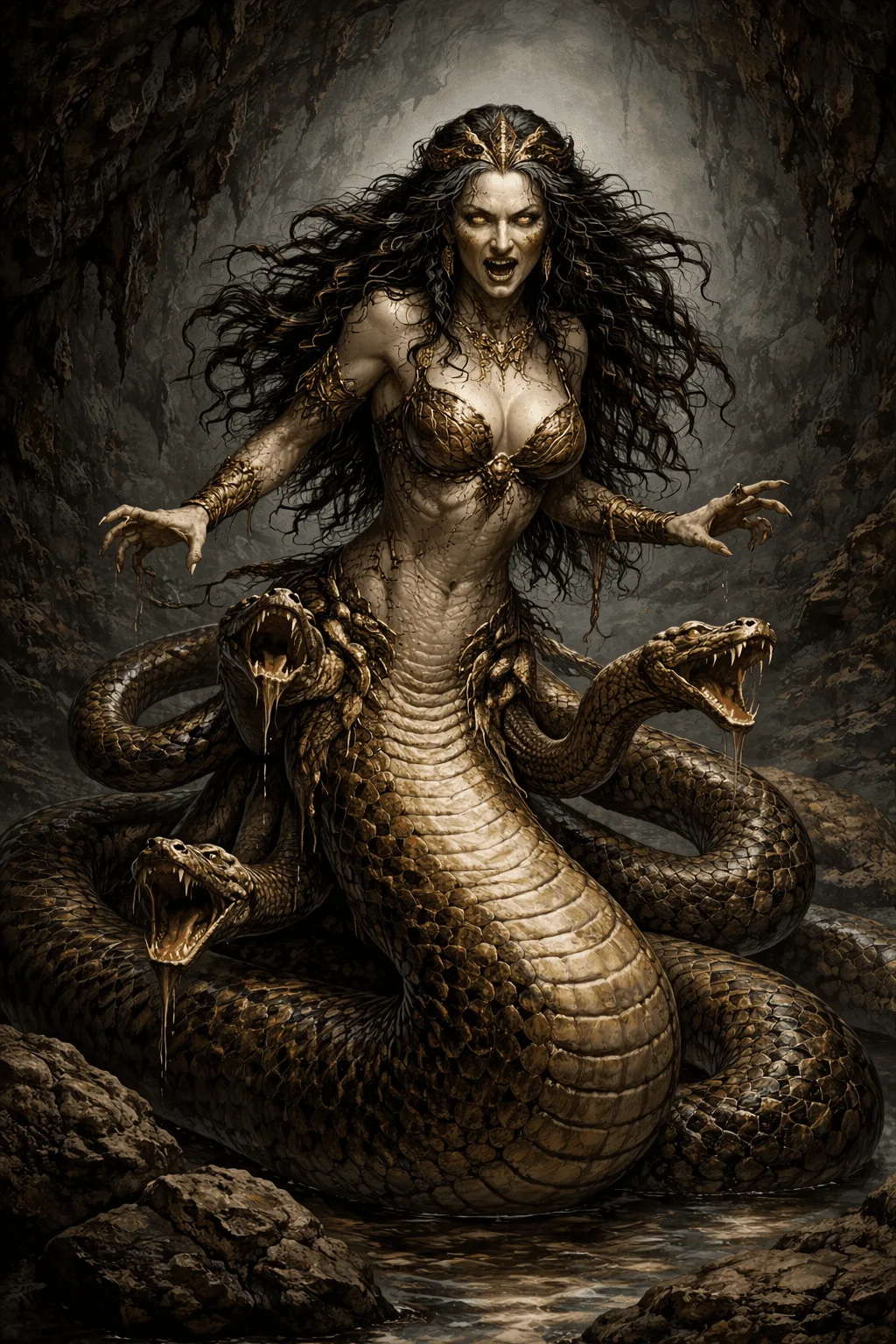 The Echidna of Greek mythology half woman half snake in a dark cave