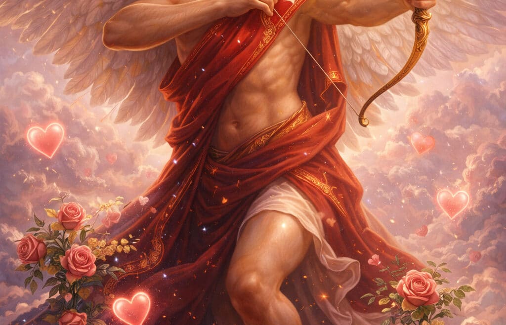 Έρως, αρχαίος θεός του έρωτα στην ελληνική μυθολογία, φτερωτή θεότητα σε κλασική μυθολογική απεικόνιση με ιερό και ρομαντικό χαρακτήρα