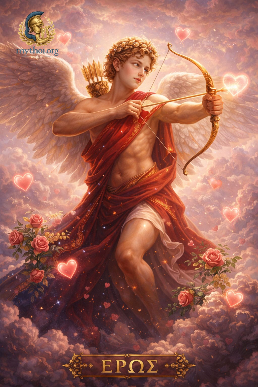 Έρως, αρχαίος θεός του έρωτα στην ελληνική μυθολογία, φτερωτή θεότητα σε κλασική μυθολογική απεικόνιση με ιερό και ρομαντικό χαρακτήρα