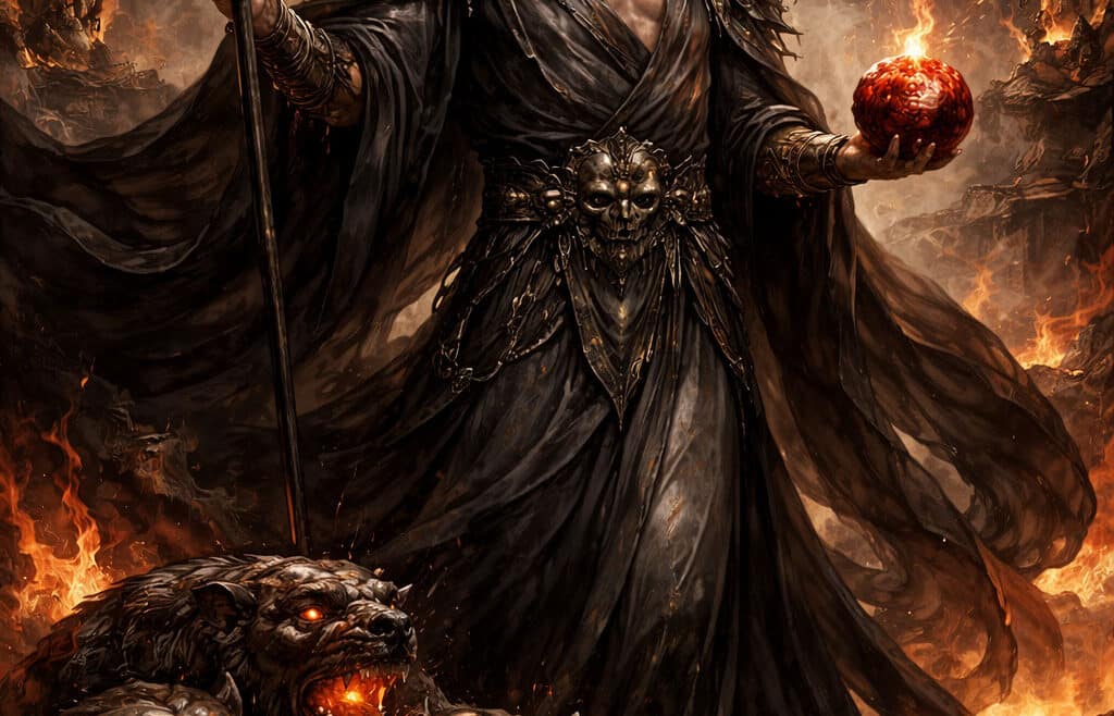 Άδης, θεός του κάτω κόσμου στην ελληνική μυθολογία, κρατώντας πυρακτωμένο ρόδι και δίκαννο, με τον Κέρβερο στο πλευρό του