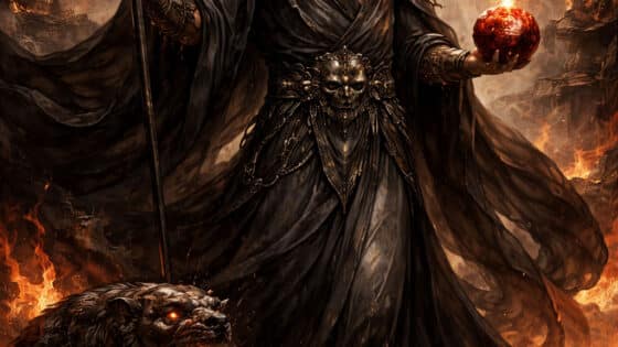 Άδης, θεός του κάτω κόσμου στην ελληνική μυθολογία, κρατώντας πυρακτωμένο ρόδι και δίκαννο, με τον Κέρβερο στο πλευρό του