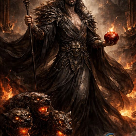 Άδης, θεός του κάτω κόσμου στην ελληνική μυθολογία, κρατώντας πυρακτωμένο ρόδι και δίκαννο, με τον Κέρβερο στο πλευρό του