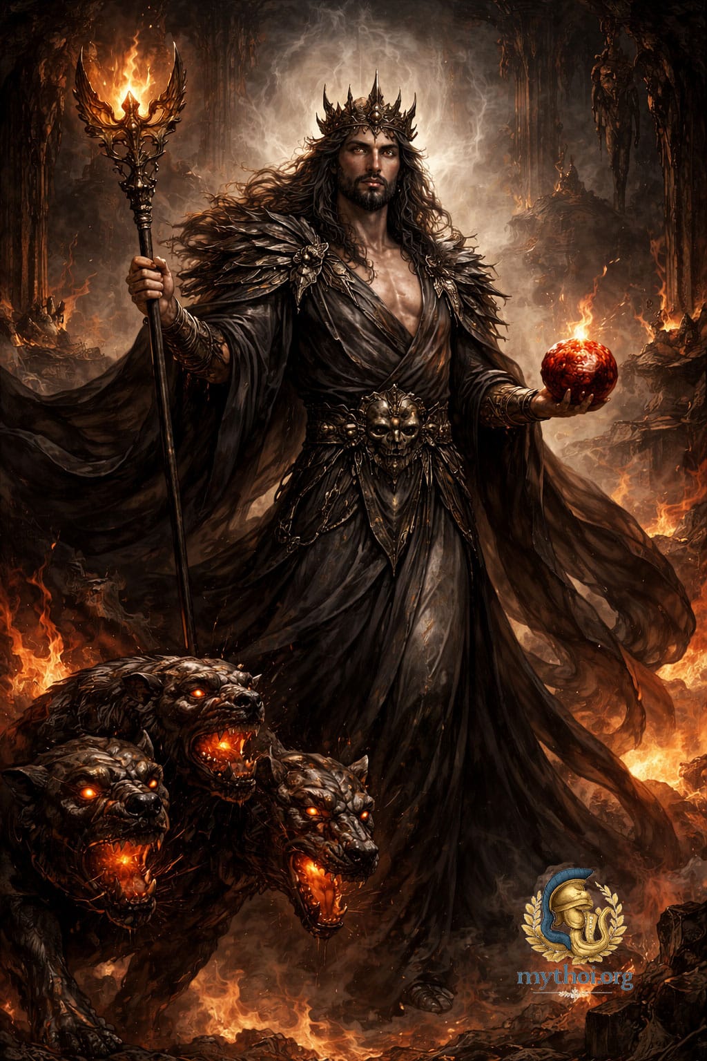 Άδης, θεός του κάτω κόσμου στην ελληνική μυθολογία, κρατώντας πυρακτωμένο ρόδι και δίκαννο, με τον Κέρβερο στο πλευρό του