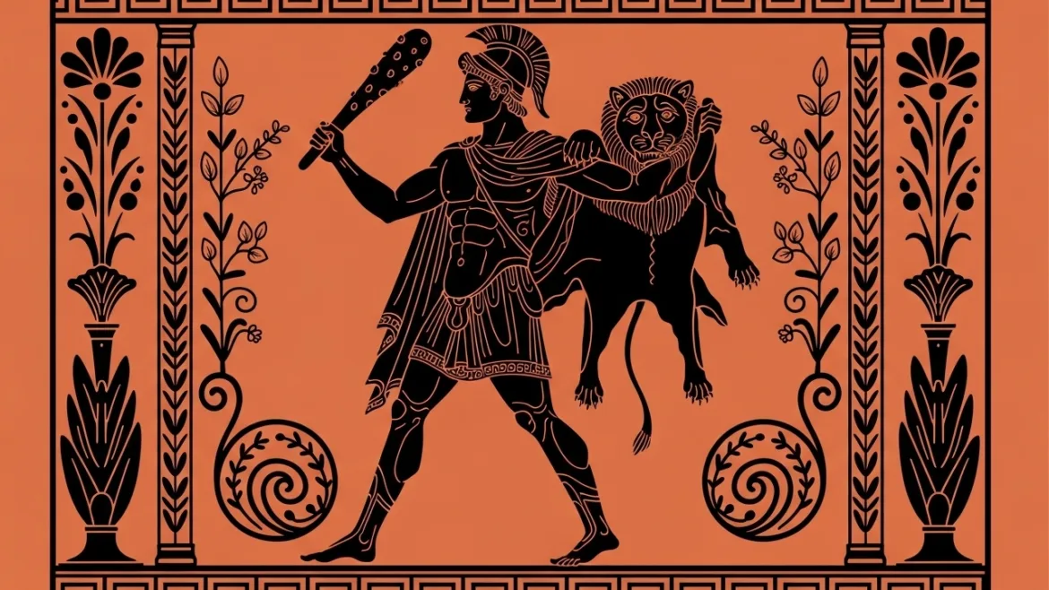Hercules in one of his Twelve Athlons – illustration inspired by ancient Greek art.