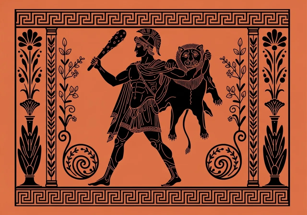 Ο Ηρακλής σε μία από τις Δώδεκα Άθλους του – εικονογράφηση εμπνευσμένη από την αρχαία ελληνική τέχνη.