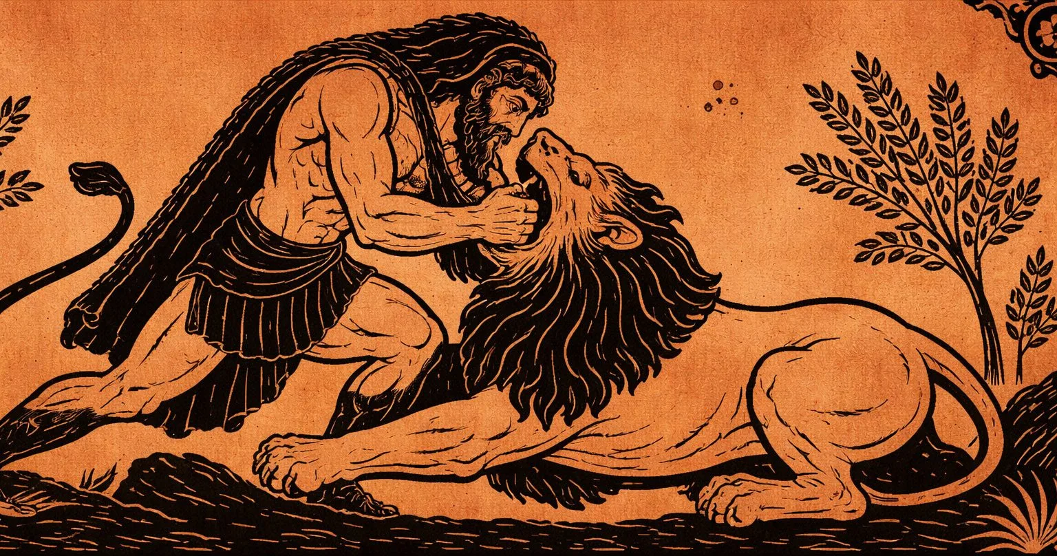 Hercules struggles with the lion of Nemea in ancient Greek style in vase