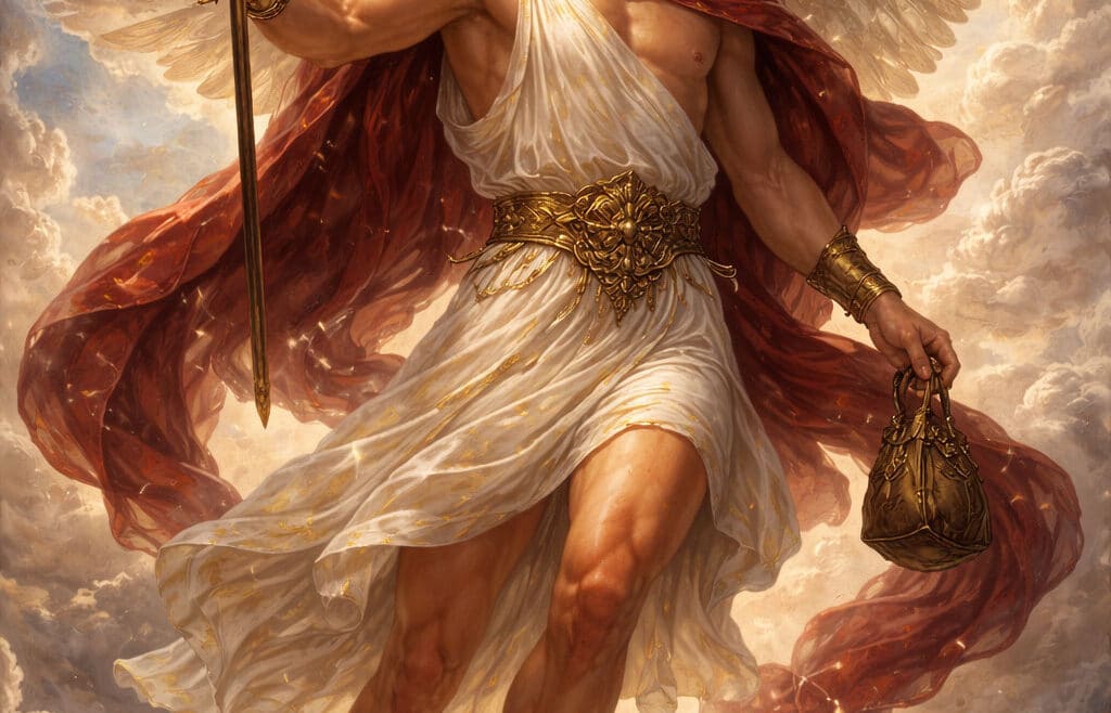 Ερμής, θεός των αγγελιών, του εμπορίου και των ταξιδιών στην ελληνική μυθολογία, με φτερωτά σανδάλια και θώρακα, κρατώντας το κηρύκειο