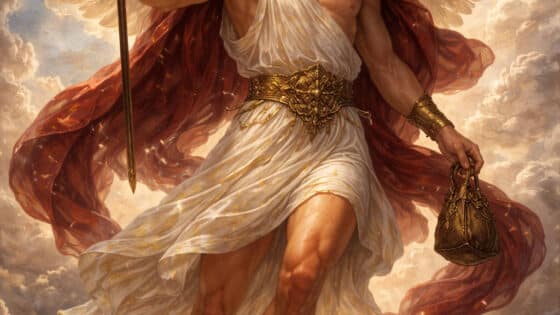 Ερμής, θεός των αγγελιών, του εμπορίου και των ταξιδιών στην ελληνική μυθολογία, με φτερωτά σανδάλια και θώρακα, κρατώντας το κηρύκειο