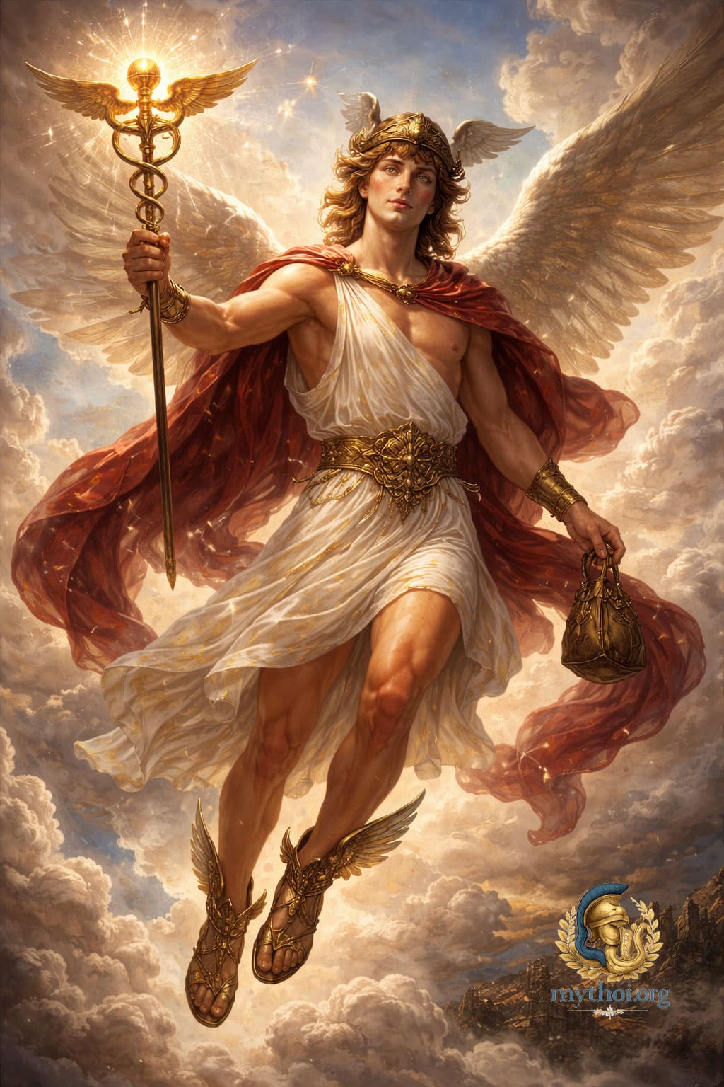 Ερμής, θεός των αγγελιών, του εμπορίου και των ταξιδιών στην ελληνική μυθολογία, με φτερωτά σανδάλια και θώρακα, κρατώντας το κηρύκειο