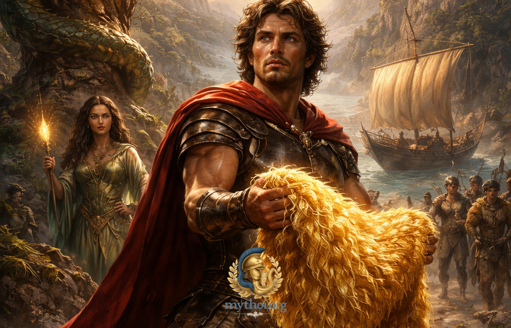 Ιάσονας κρατά το Χρυσόμαλλο Δέρας με τους Αργοναύτες και τη Μήδεια στην Κολχίδα