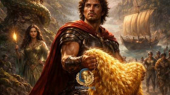 Ιάσονας κρατά το Χρυσόμαλλο Δέρας με τους Αργοναύτες και τη Μήδεια στην Κολχίδα