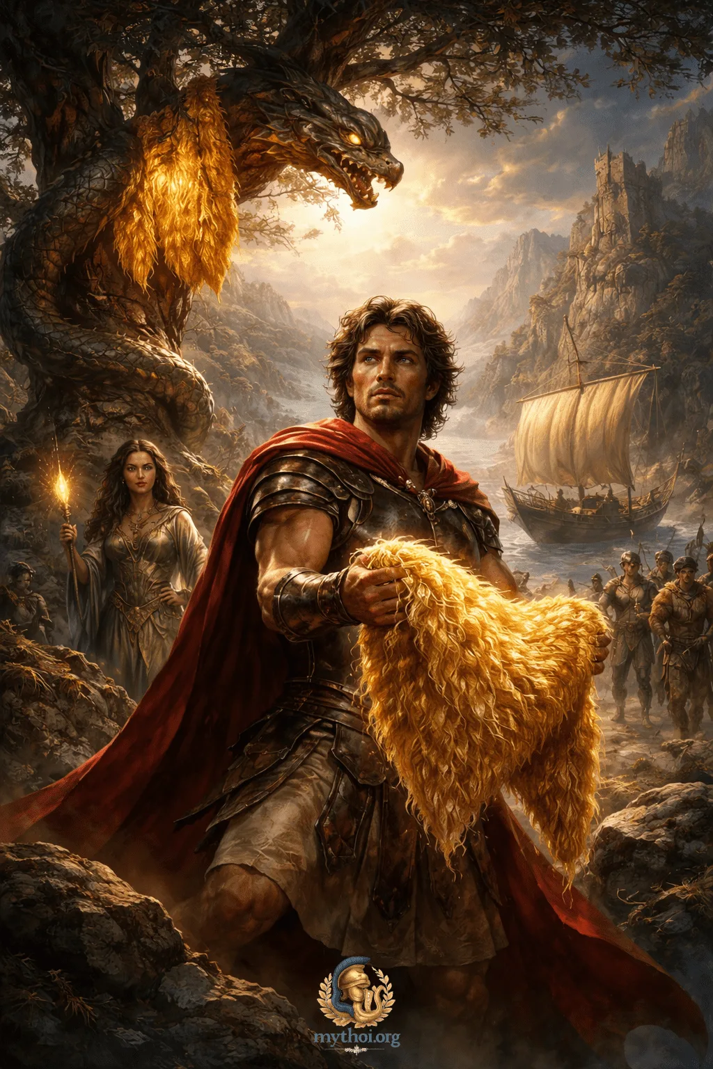 Jason holds the Golden Wool Skin with Argonauts and Medea in Colchis