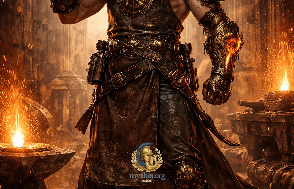 Ο Ήφαιστος, θεός της φωτιάς και της μεταλλουργίας στην ελληνική μυθολογία, κρατώντας σφυρί μέσα στο σιδηρουργείο.