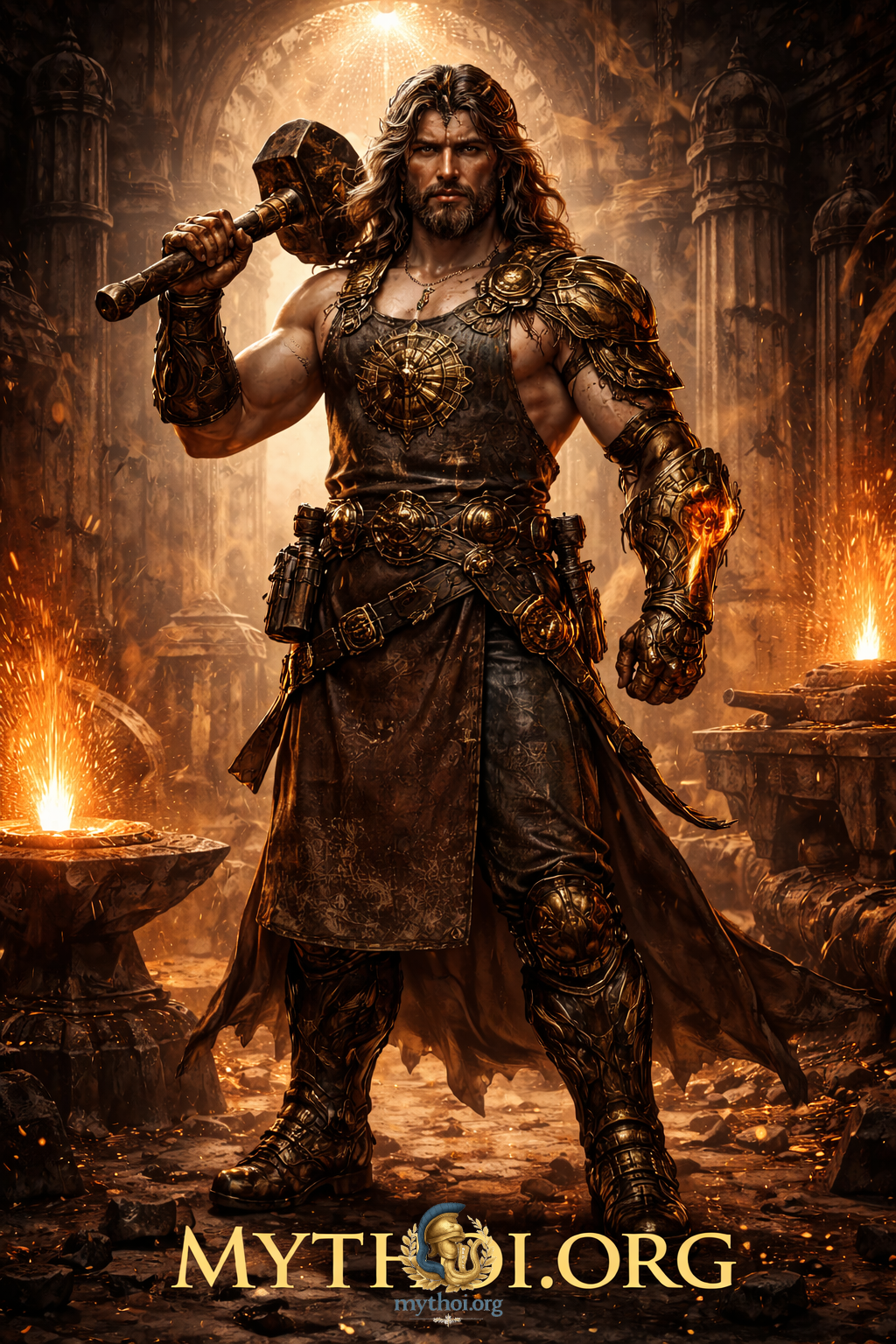Ο Ήφαιστος, θεός της φωτιάς και της μεταλλουργίας στην ελληνική μυθολογία, κρατώντας σφυρί μέσα στο σιδηρουργείο.