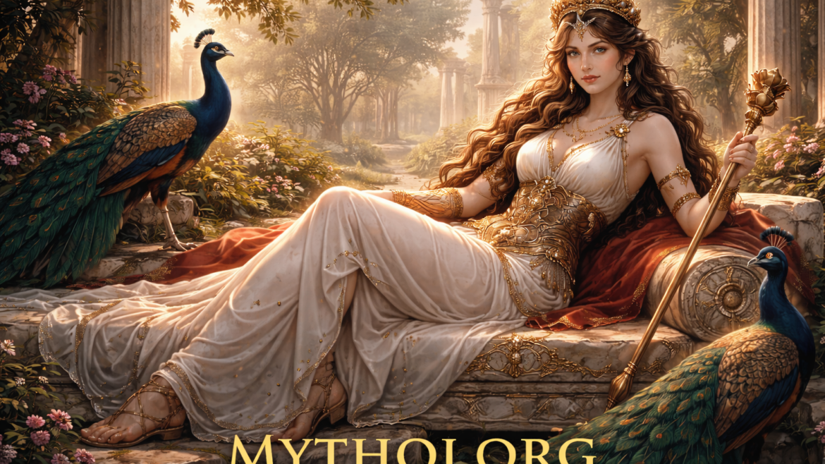 Η Ήρα, βασίλισσα των θεών στην ελληνική μυθολογία, με βασιλική ενδυμασία και σύμβολα εξουσίας.