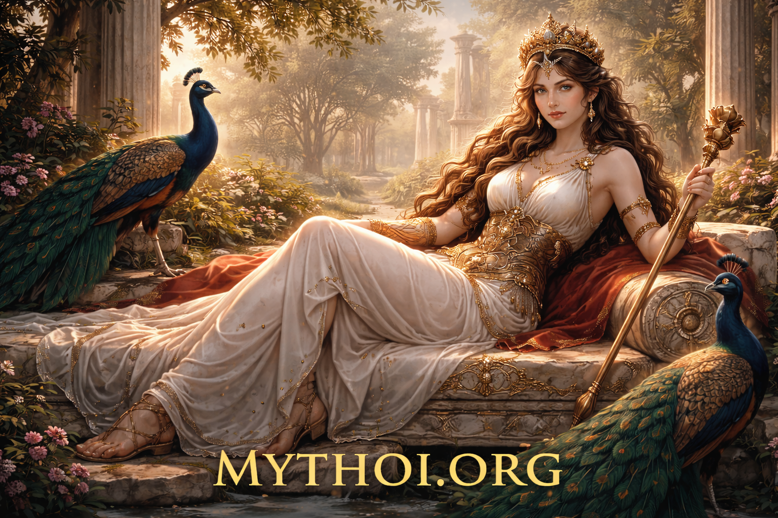 Η Ήρα, βασίλισσα των θεών στην ελληνική μυθολογία, με βασιλική ενδυμασία και σύμβολα εξουσίας.